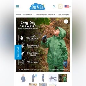 Jan & Jul Fleece Lined Waterproof rain set. Size 10. Jacket and Rain pant.